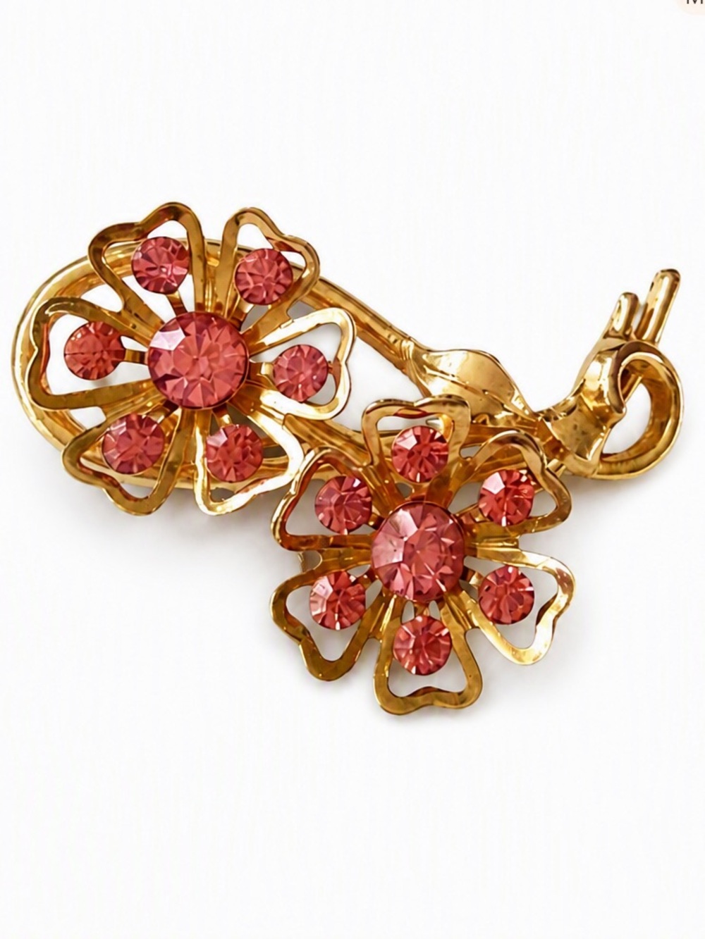 Vintage CORO Double Floral Brooch – 1950s Gold‑Tone, Rare Pink Rhinestones
